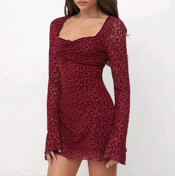 Women's Spring/Autumn Red Mesh Floral Sheer A-Line Dress - Picture 1 of 4